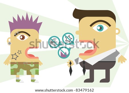 stock vector A father figure pressures a pierced tattooed teen to dress 