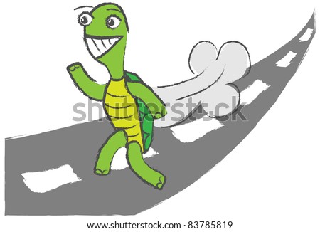 A cartoon turtle running fast down a road. - Stock Image - Everypixel