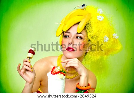 Sexy Banana lady with cream cocktail and snack