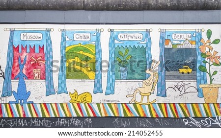 BERLIN - AUGUST 24, 2014 : The East Side Gallery is the largest outdoor art gallery in the world. This is a graffiti of the brotherly kiss of former politicians  Breschnew and Honecker.