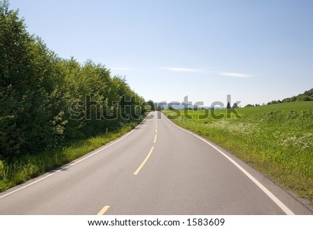 Horizontal image of an asphalt country road thru an idyllic sunny summer landscape