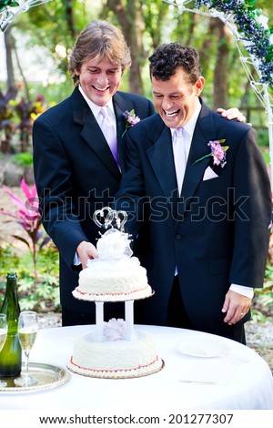 Two handsome grooms cut the cake at their gay marriage ceremony.