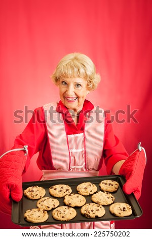 Sweet old fashioned grandma holding a tray of her homemade cookies.  Room for text.