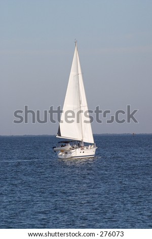 A white sailboat in full sail on calm blue water against a blue sky.