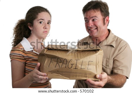 a delivery man bringing a smashed package to a dissatisfied customer