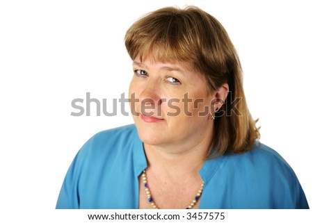 stock photo A pretty mature wife or mother giving a skeptical expression