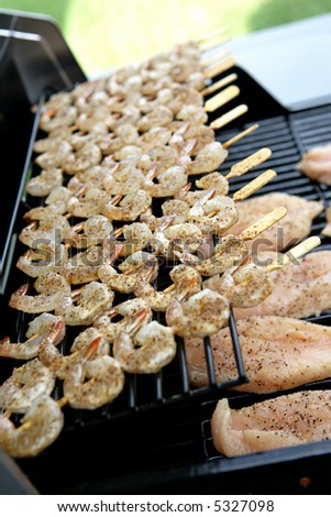 Chicken and shrimp on the backyard barbecue grill.