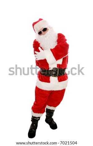 Modern Santa Claus posing in sunglasses and doing a hip hop dance move. Full body isolated on white.