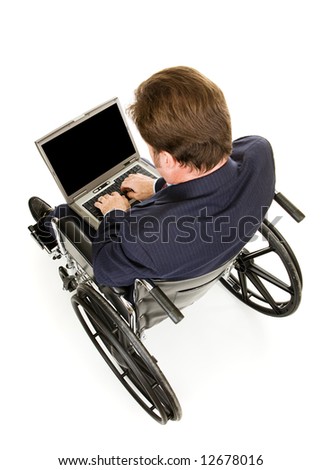 View from above of disabled businessman typing on his laptop.  Full body isolated on white with focus on the hands and computer.  Screen blank for your text.