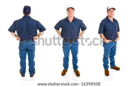 Blue collar worker.  Three full body views with different perspectives and expression, isolated on white background.