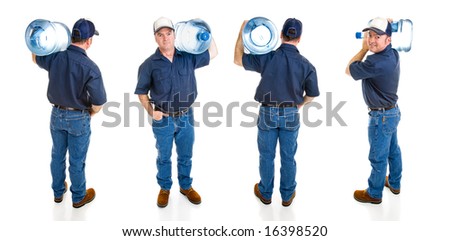 Handsome water delivery man carrying five gallon jug of water over his shoulder.  Four full body views isolated on white.