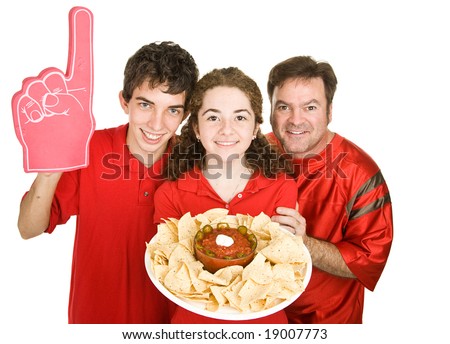 Three football fans enjoying chips and salsa during half time.  Isolated on white.