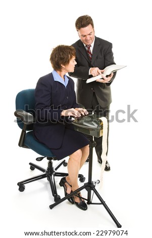 Court reporter and attorney going over a case together.  Full body isolated on white.