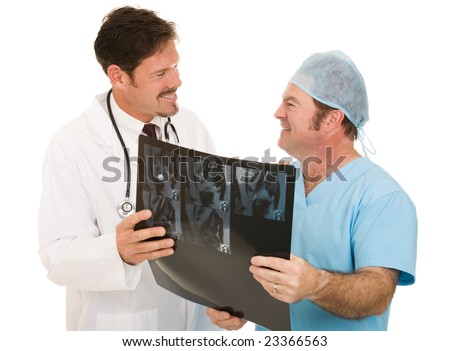 Doctor thanking radiologist for giving him MRI test results.  Isolated on white.
