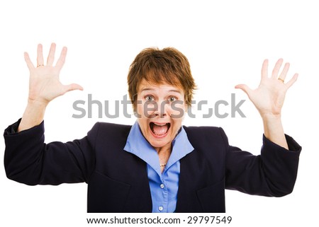 Business woman terrified by the economy or bad news coming.  Isolated on white.