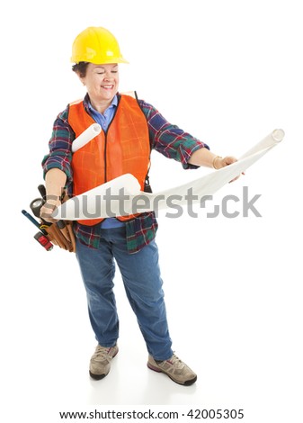Female construction worker reviewing building plans.  Full body isolated on white.