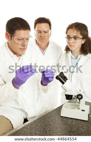 Team of scientists doing medical research.  White background