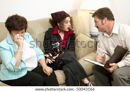 Teen girl complains to the therapist as her mother cries.  (designs on bandana and jacket are generic and not part of a trademark or copyright)