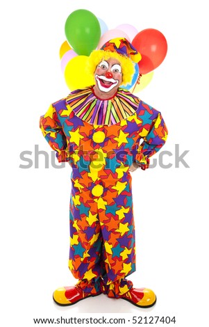 stock photo : Funny birthday clown with balloons against a white background.