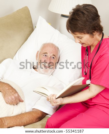 Patient enjoys listening to a story as a home health nurse reads to him.