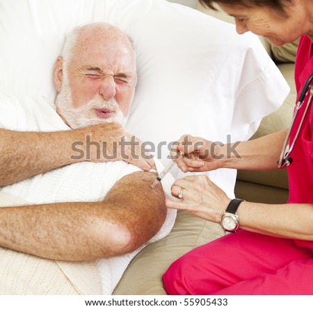 Senior man gets a painful injection from a home health nurse.
