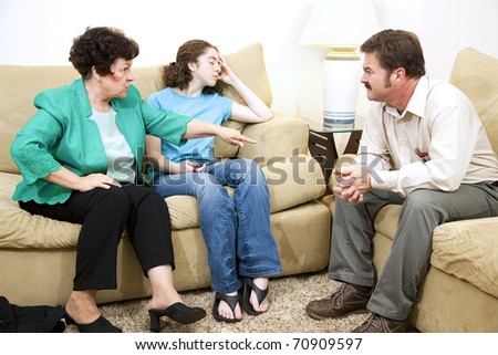 Family counselor listens to a mother complain about her teenage daughter.