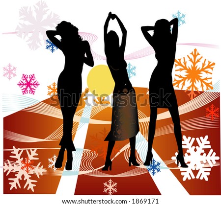 women silhouettes dancing on a retro background
