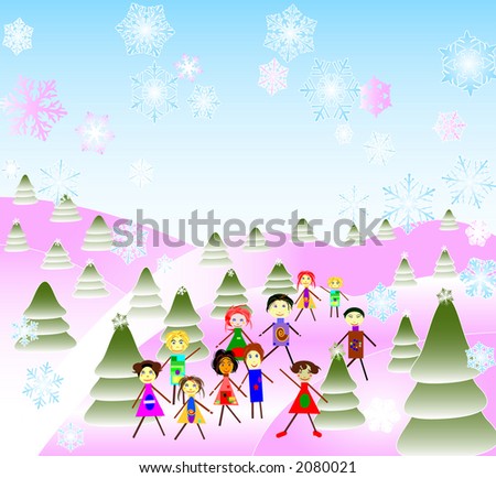 kids hand-in-hand playing  in fantasy winter landscape