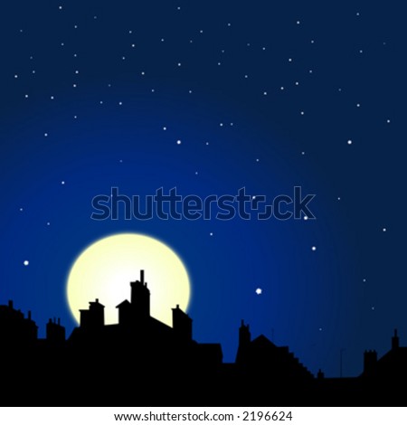 stock vector village rooftops silhouettes on moon and stars sky background