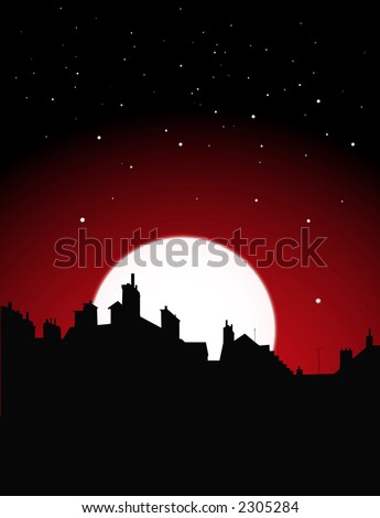 village rooftops silhouettes on moon and stars sky background