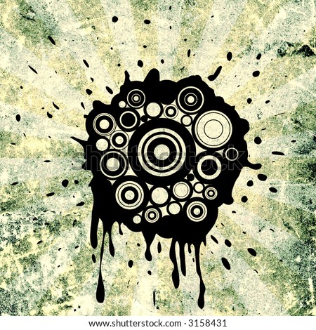 retro circles and ink splats on grunge background with rays