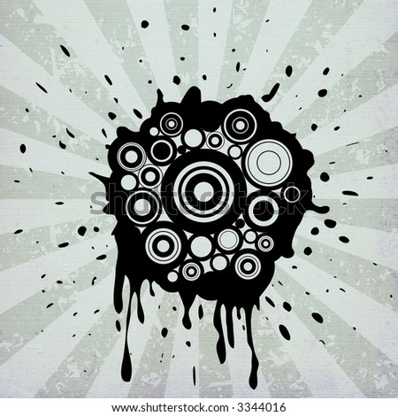 retro circles and ink splats on grunge background with rays