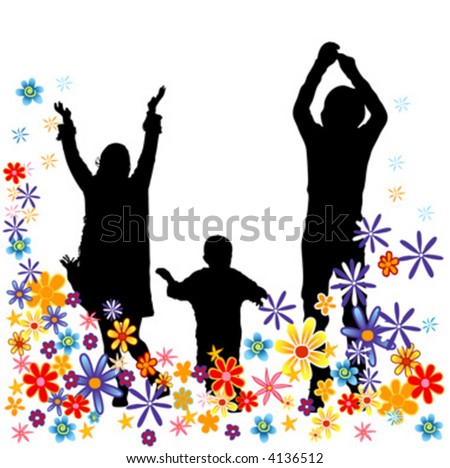 silhouette of people family with colorful flowers