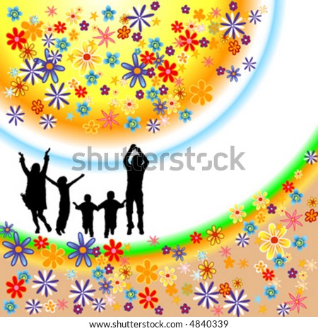 silhouette of people family on flowers background