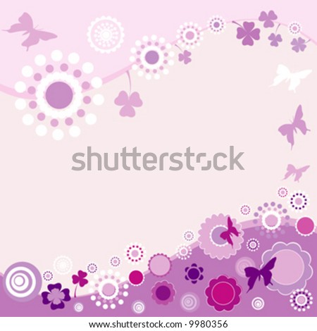 springtime landscape in purple with butterflies and flowers