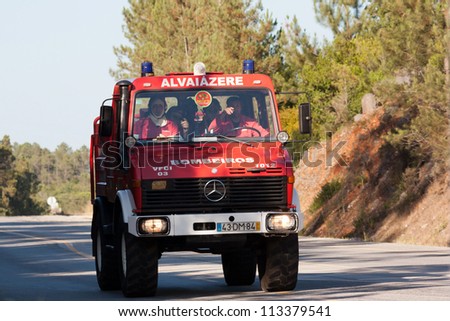 POMBAL, PORTUGAL - JULY 15: Fire Truck en route to a Wildfire, in Pombal, Portugal on July 15, 2012