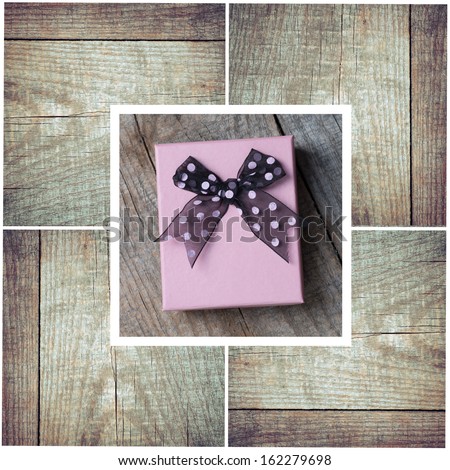 Gift box with bow on wood collage background