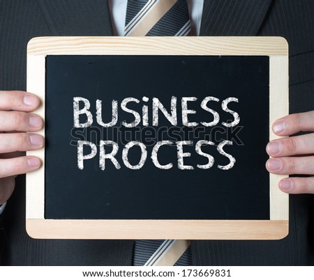 Business process. Man holding a chalkboard with business process concepts written in it