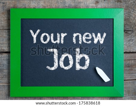 Your new Job written on green framed chalkboard on wooden background