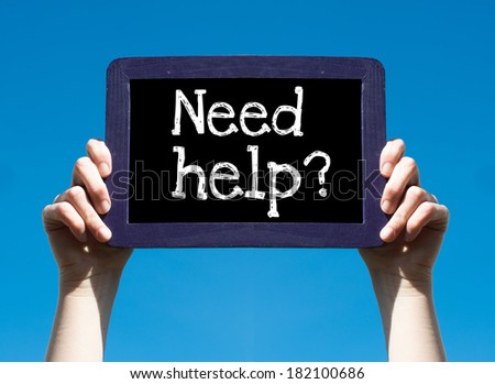 Need help ? Woman holding blackboard over blue background with text Need help ?