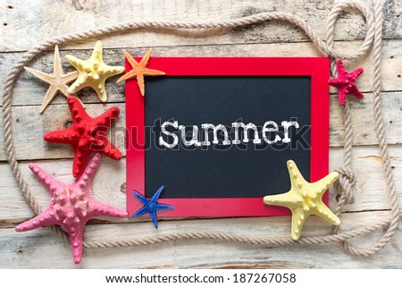 Sea travel frame decor with seashells and rope over wooden background with blackboard nad text Summer on it