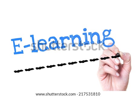 Ã?Â Hand writing e-Learning with blue marker on transparent wipe board