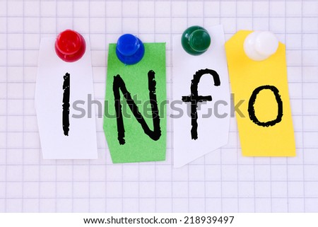 The word info in cut out magazine letters pinned to paper sheet