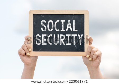 Social security. Woman holding blackboard over cloudy background with text Social security