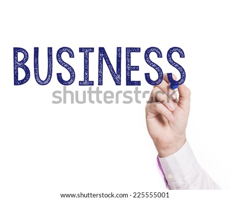 Business Hand writing with blue marker on a transparent board.