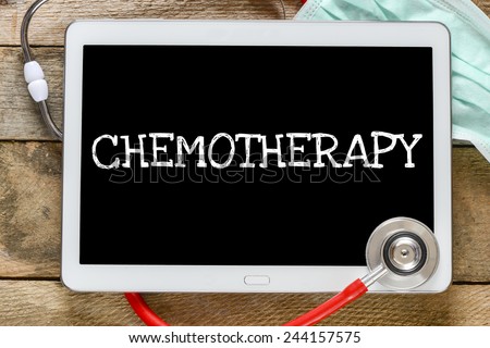 Tablet pc with word Chemotherapy. Tablet pc with word Chemotherapy and stethoscope, medicine concept
