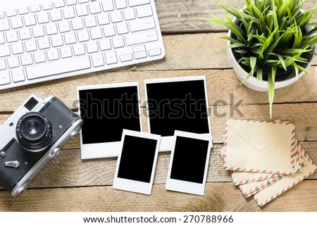 Old camera with photo frames. Old camera with photo frames and green plant on wooden background