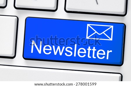 Computer white keyboard with newsletter. Computer white keyboard with blue button newsletter