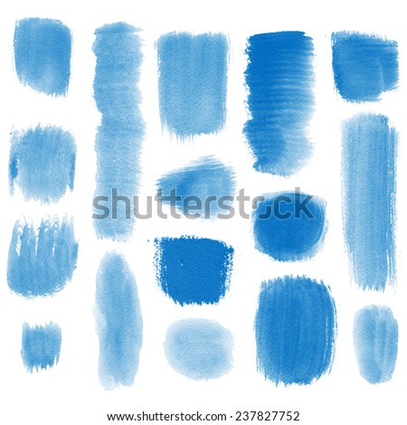 Blue watercolor banners and bubbles. Isolated shapes and brush strokes on white background. Paint stains.