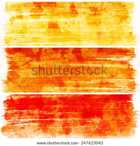 Abstract watercolor hand painted brush strokes. Yellow and orange horizontal banners.Striped graphic art design elements for website or brochure headers or sidebars.Vintage grunge texture.
